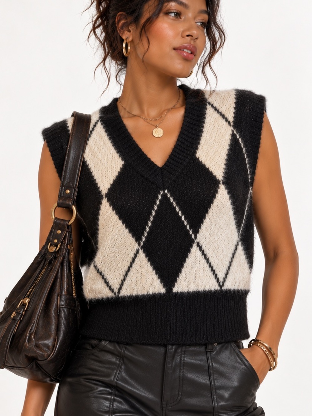 Black White Argyle Sweater Vest Fuzzy Knit Preppy Academia Grandpacore | Large